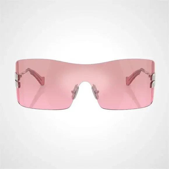 New MIU MIU Sunglasses Aube Silver Pink Mirror Rimless Wrap Authentic Womens - Picture 2 of 6